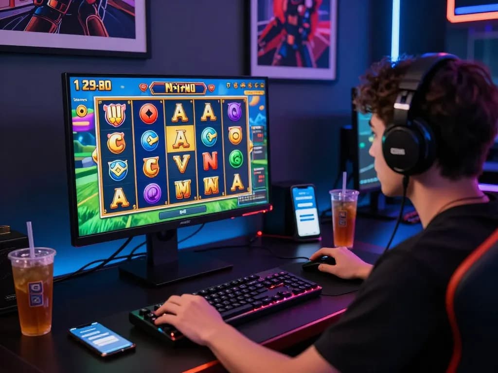 BAYITOTO ~ Login Link Agen Toto Slot 4D Resmi & Toto Togel Online Yang Mudah Jackpot Malam Ini with vibrant gaming setup showing a player engaged in a 4D slot game.