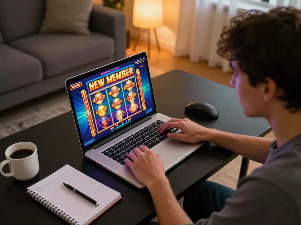 Engaging in online gaming with slot bonus new member offer displayed on the screen, showcasing a modern setup
