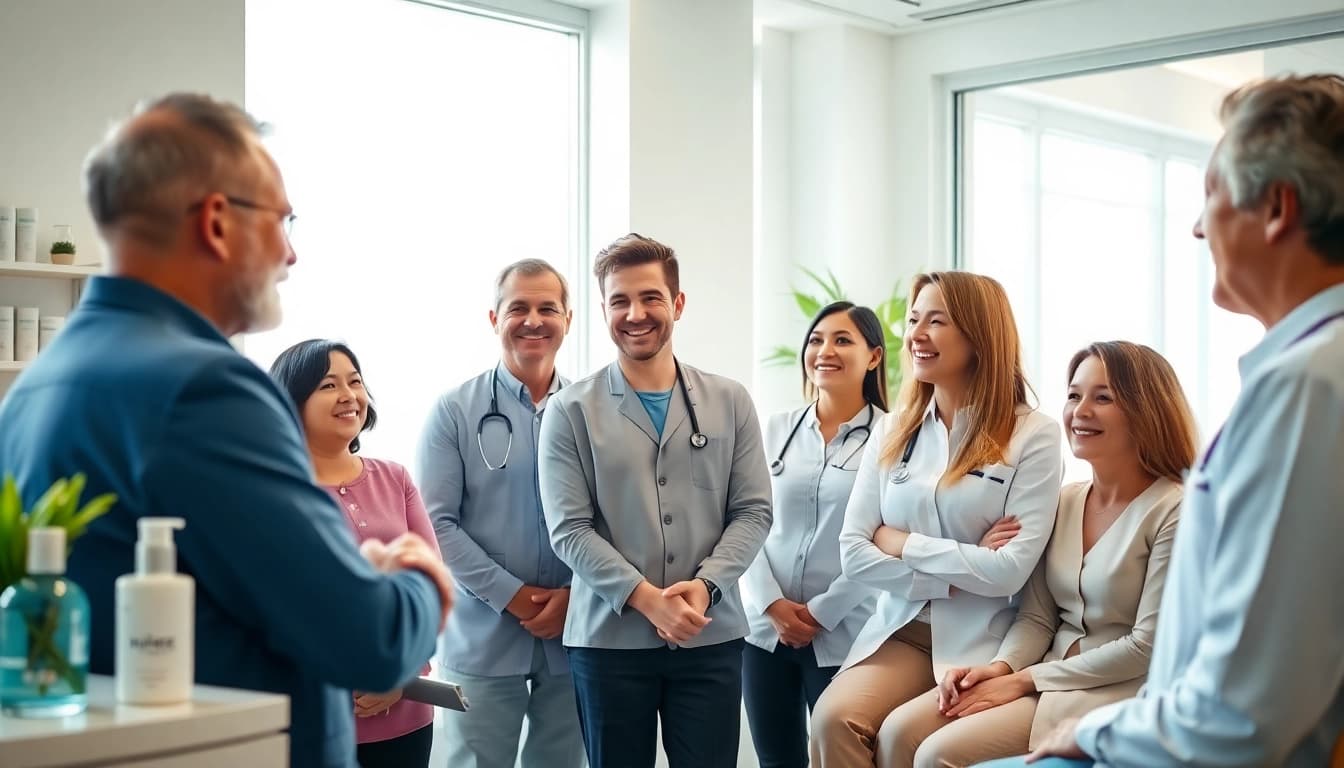 カミノクリニック 口コミ and satisfied patients engaging with medical staff in a welcoming clinic setting
