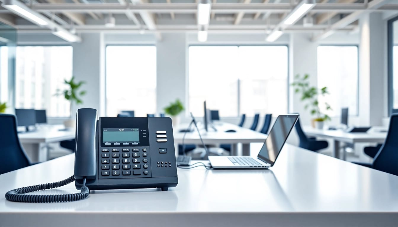 Engaging business phone systems setup featuring a VoIP device in a modern office for effective communication.