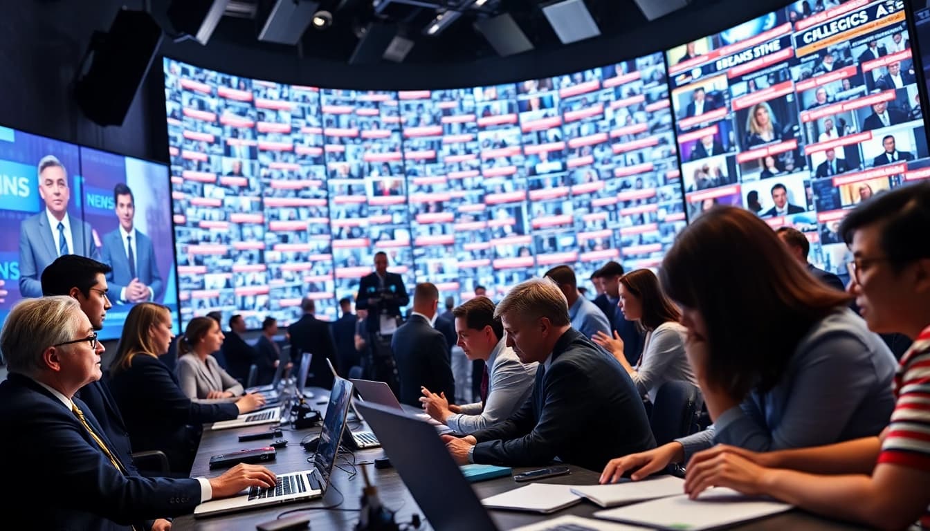 Capture journalists at https://www.thedailynewsonline.com reporting breaking news in a bustling newsroom.