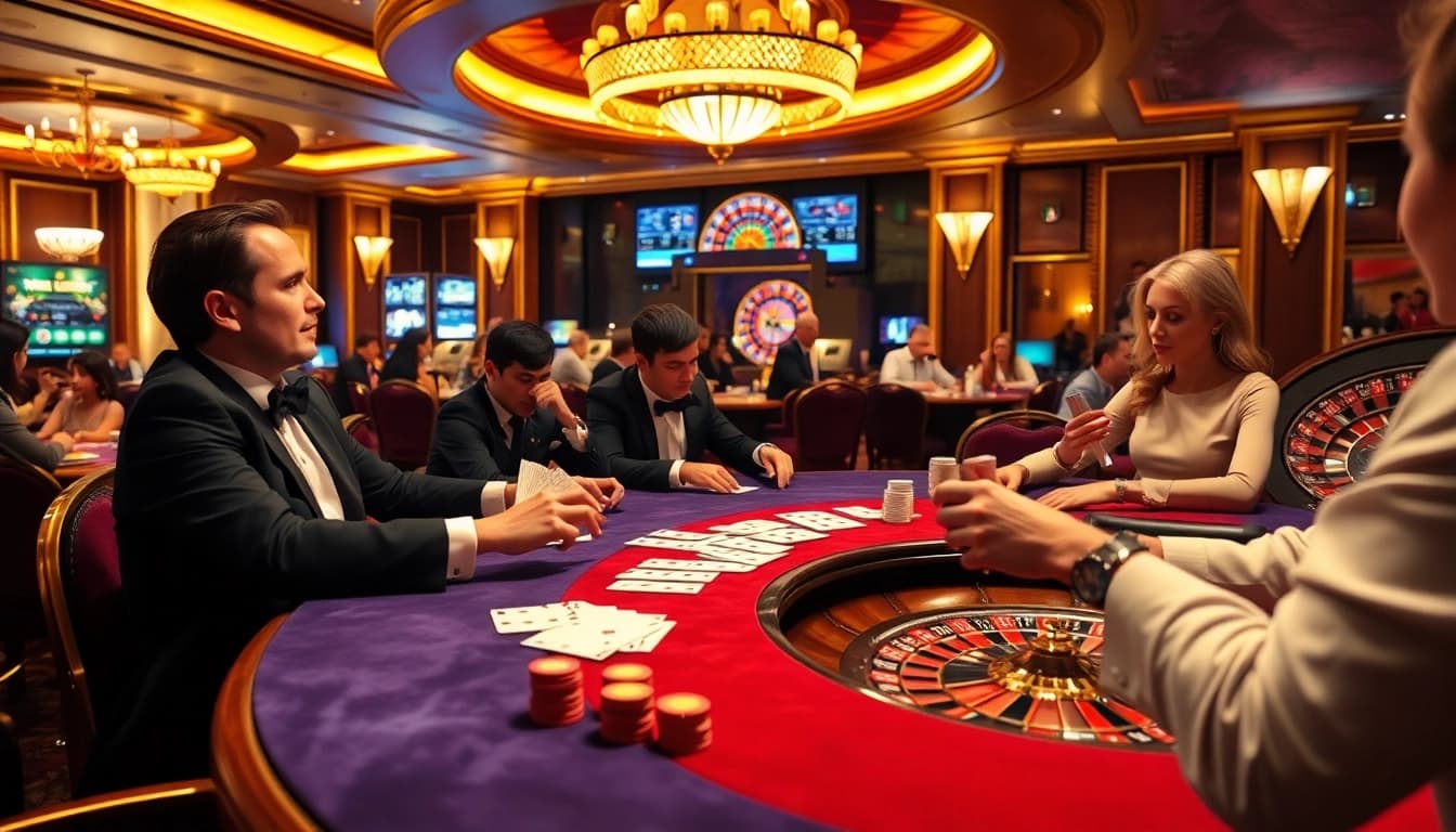 Engaging players enjoying a high-stakes game at a luxurious casino table while using https://s8glx.com for online access.