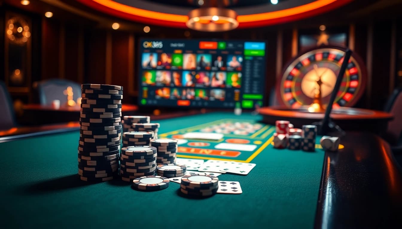 Betting chips and cards at Ok365 online casino table highlight thrilling gambling experience.