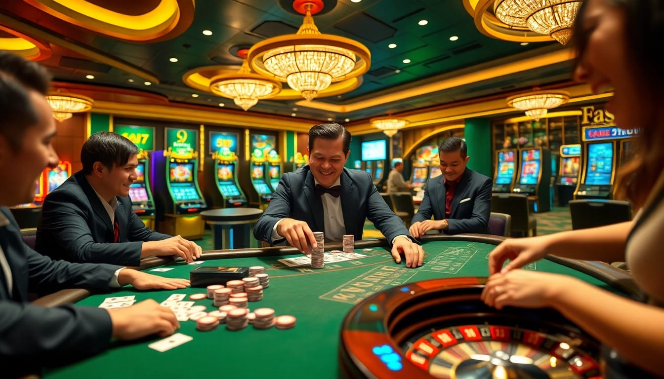Players engaged in thrilling gaming action at F8BET casino, showcasing chips, cards, and a vibrant atmosphere.