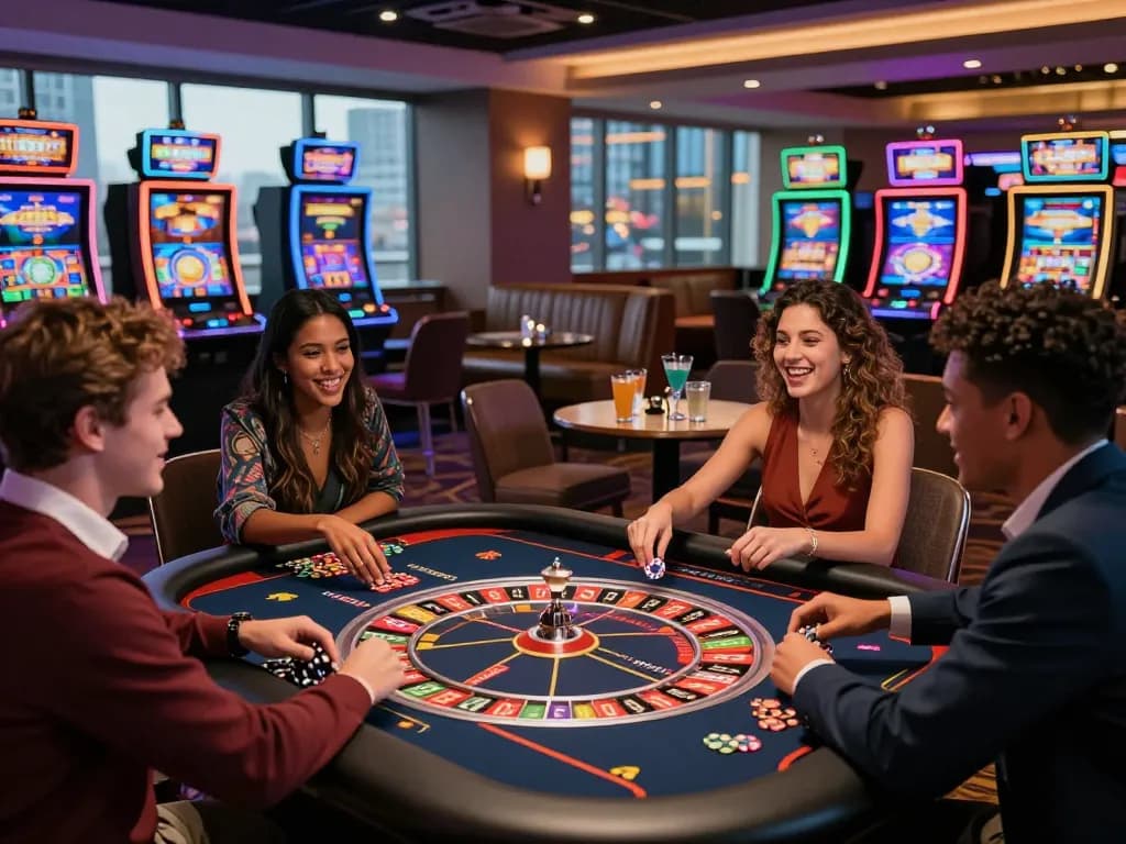 Exciting group of friends at casino hubet88 enjoying roulette under vibrant lighting and modern design