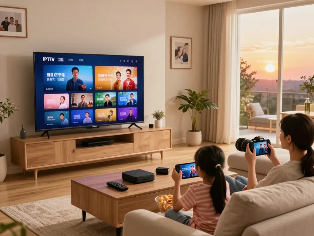 iptv kopen gezin geniet van streaming content op een smart TV in een gezellige woonkamer