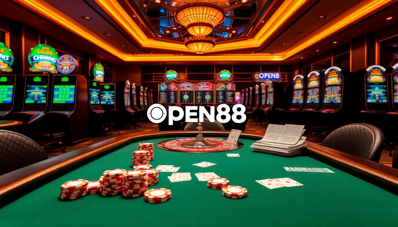 OPEN88 online gambling interface featuring poker chips and alluring casino tables.
