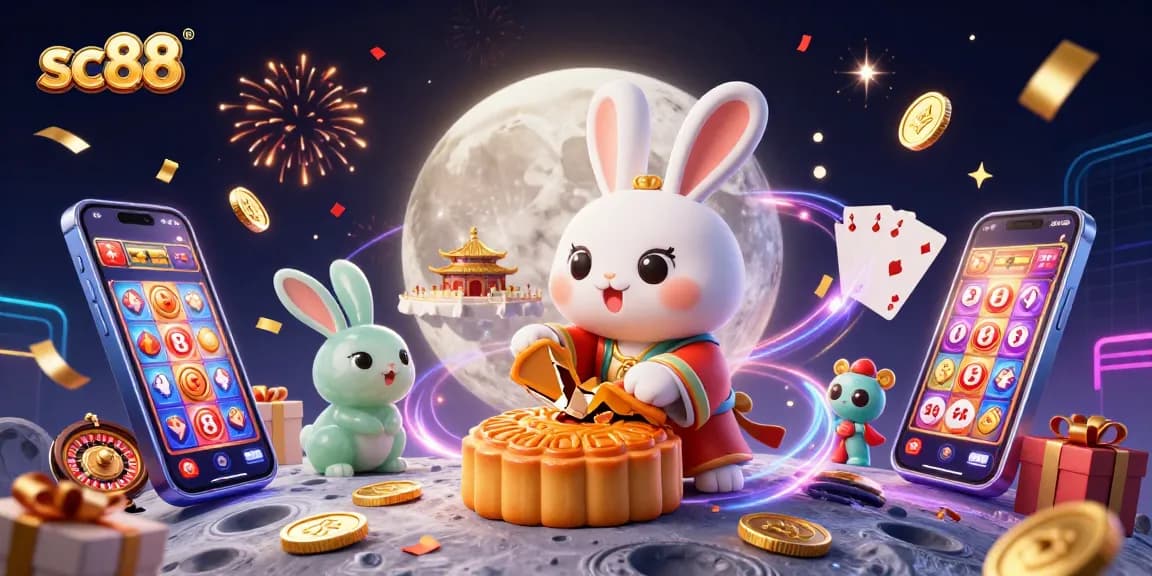 Experience gaming excitement with sc88: cartoon moon rabbit and jade companion at a vibrant lunar casino.