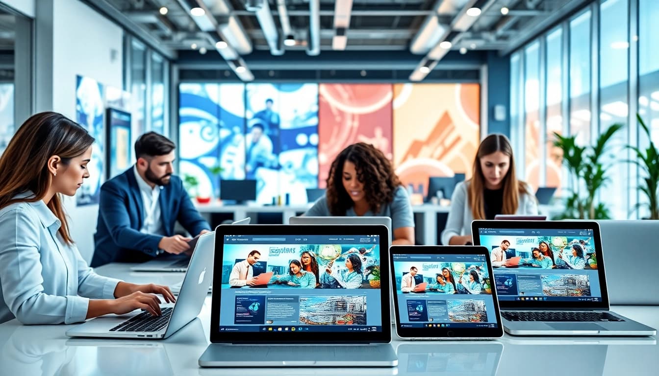 Engaging professionals using digital tools on multiple devices at https://whatalker.com in a modern office.