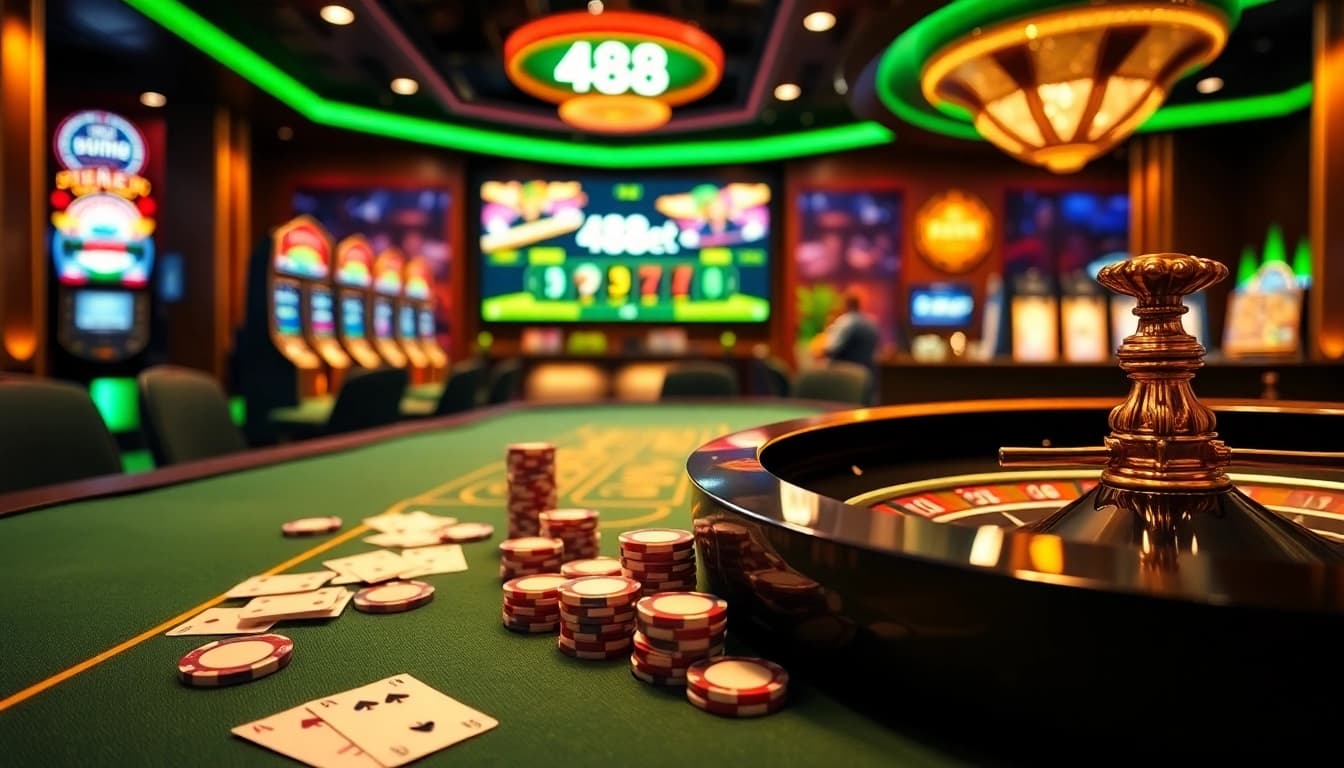 Jugadores disfrutando del casino en línea 488bet con póker y ruleta, destacando emoción y lujo.