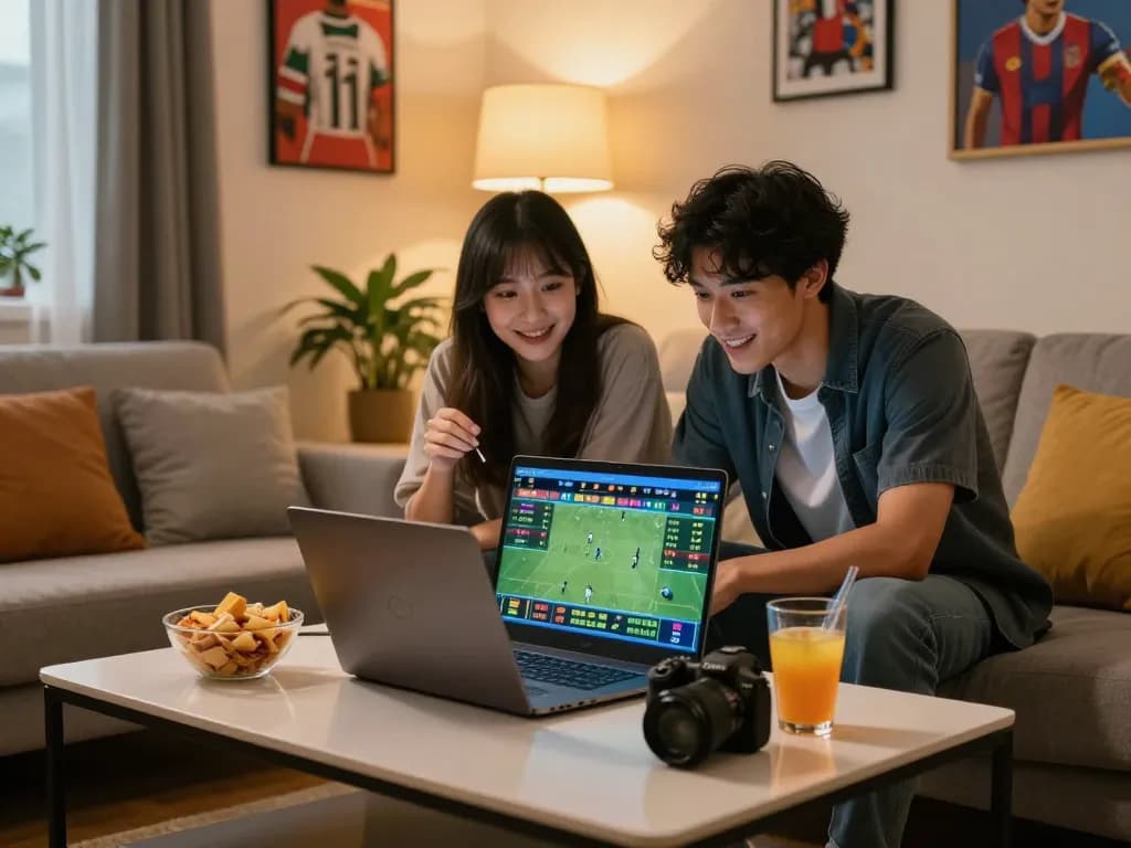 Young adults enjoying an online betting session with bong99 on a laptop in a cozy living room.