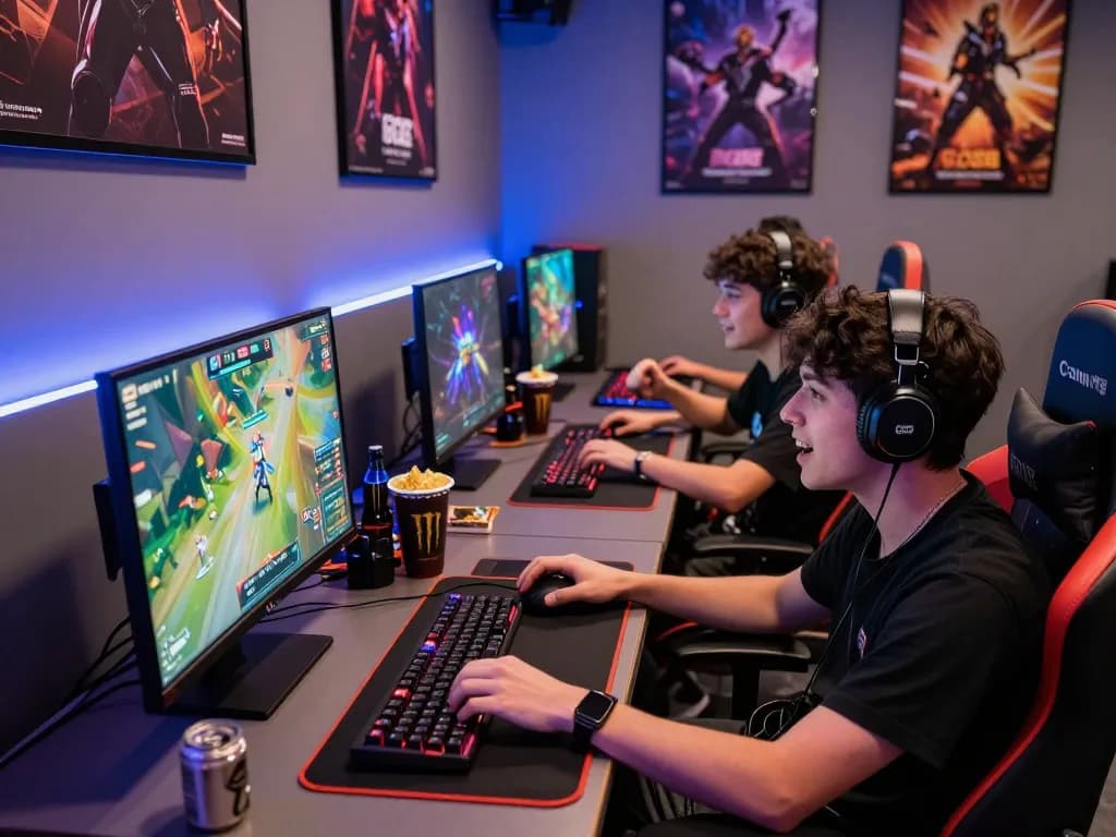 Two friends competing in a go88 multiplayer game setup with vibrant graphics and LED lights.