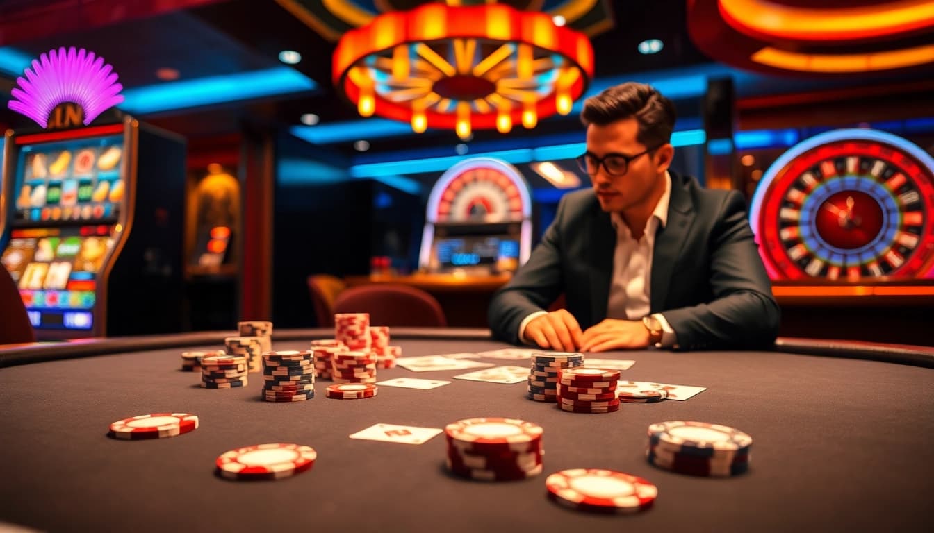Experience the thrill of SIN88 betting with vibrant casino visuals featuring poker chips and cards.