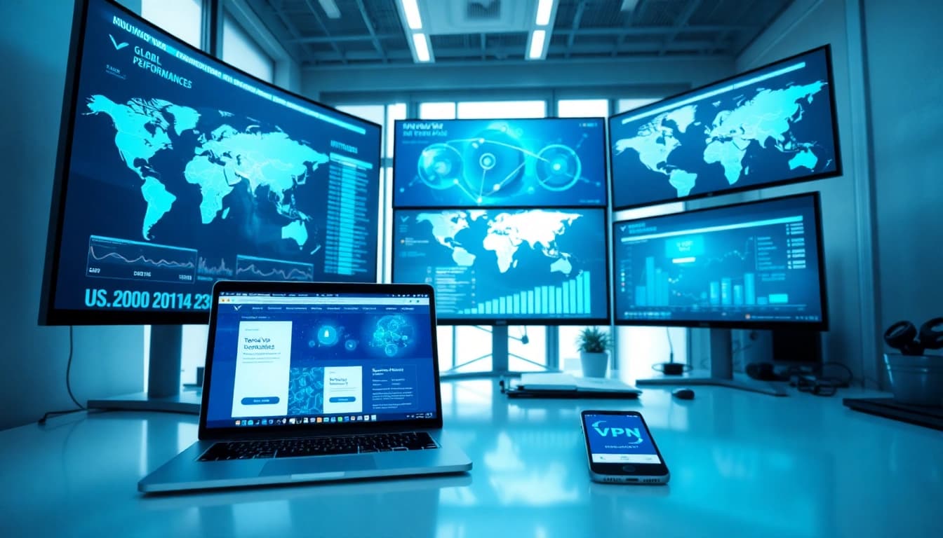 快连下载 - Image showcasing a modern digital workspace with network performance dashboards and the 快连 VPN app.