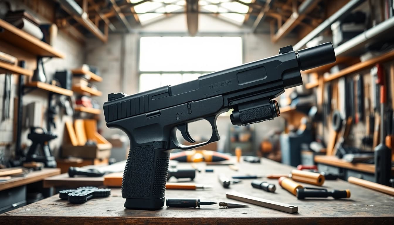 Assembling a polymer 80 pistol in a workshop highlighting its unique frame features.