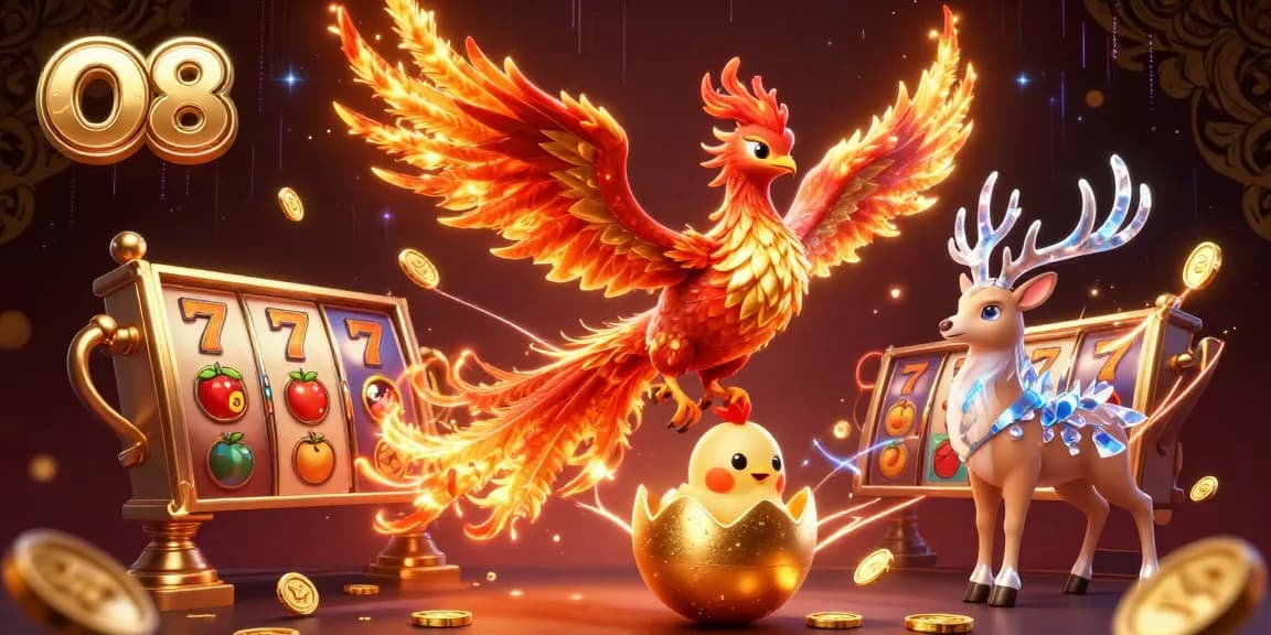 Engage with O8's vibrant casino universe featuring a phoenix, hatching chick, and mystical stag.