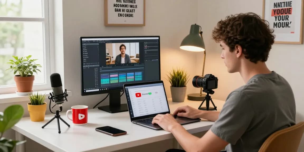 Buy YouTube views in a cozy home office with a content creator analyzing video engagement.