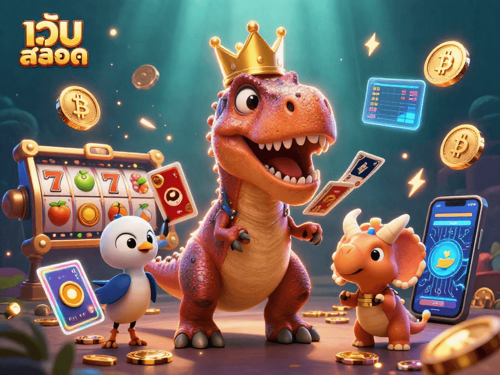 Engage with เว็บสล็อต as a playful T-Rex tries to shuffle cards while a pterodactyl assists and a triceratops stacks chips.