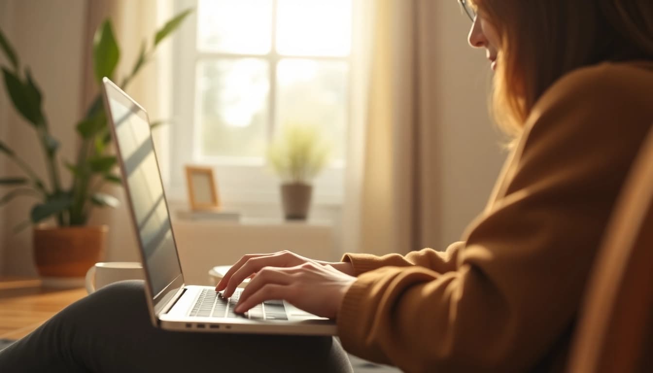 Utilizing temp mail temporary email service on a laptop in a cozy home office setting.