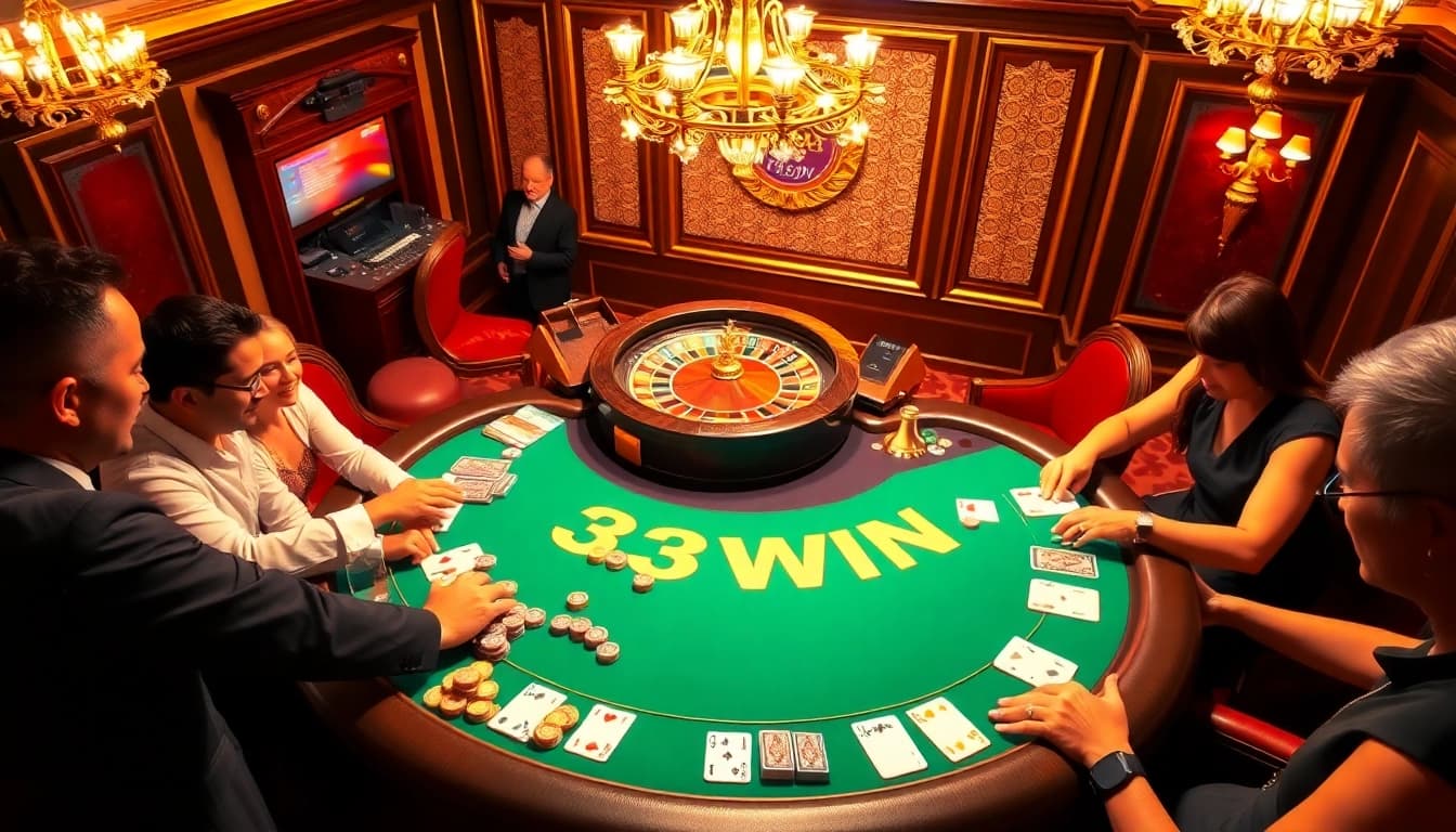 Experience the thrill of 33WIN in a glamorous casino with vibrant tables and exciting gameplay.