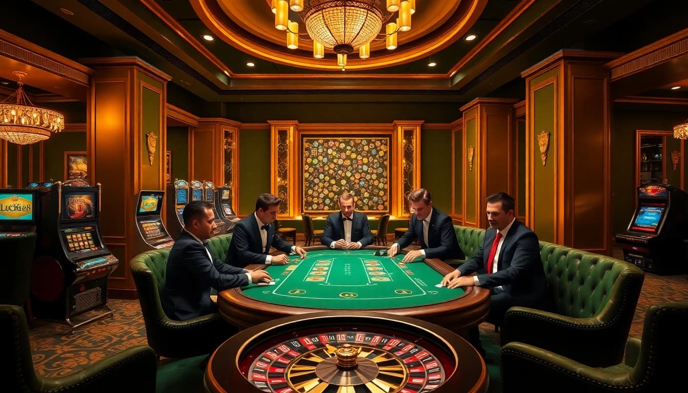Gamblers enjoying an exciting game at Luck8's luxurious casino table.
