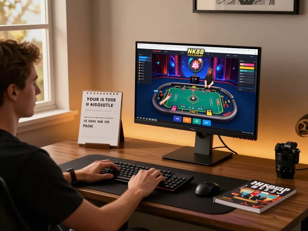Engaging in a strategic game on NK88 online casino platform at a stylish home desk.