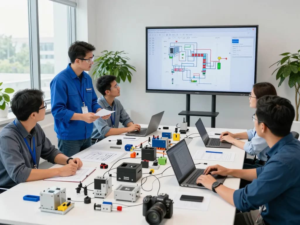 Team discussing Bosch Rexroth automation solutions in a modern office setting.