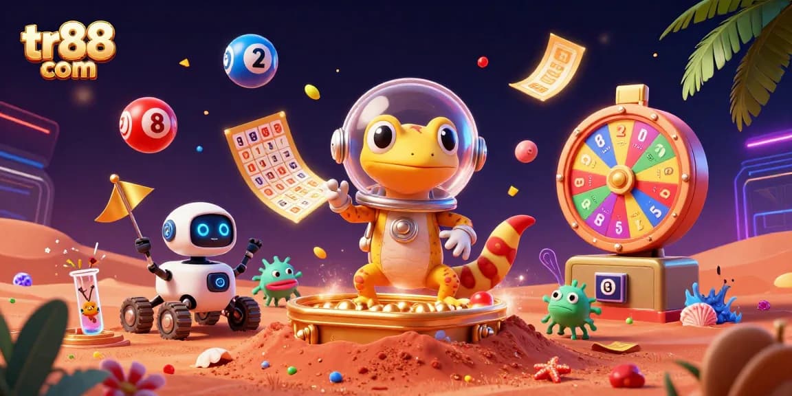 Experience thrilling wins at tr88 com with vibrant lottery balls and a Martian gecko in a colorful casino scene