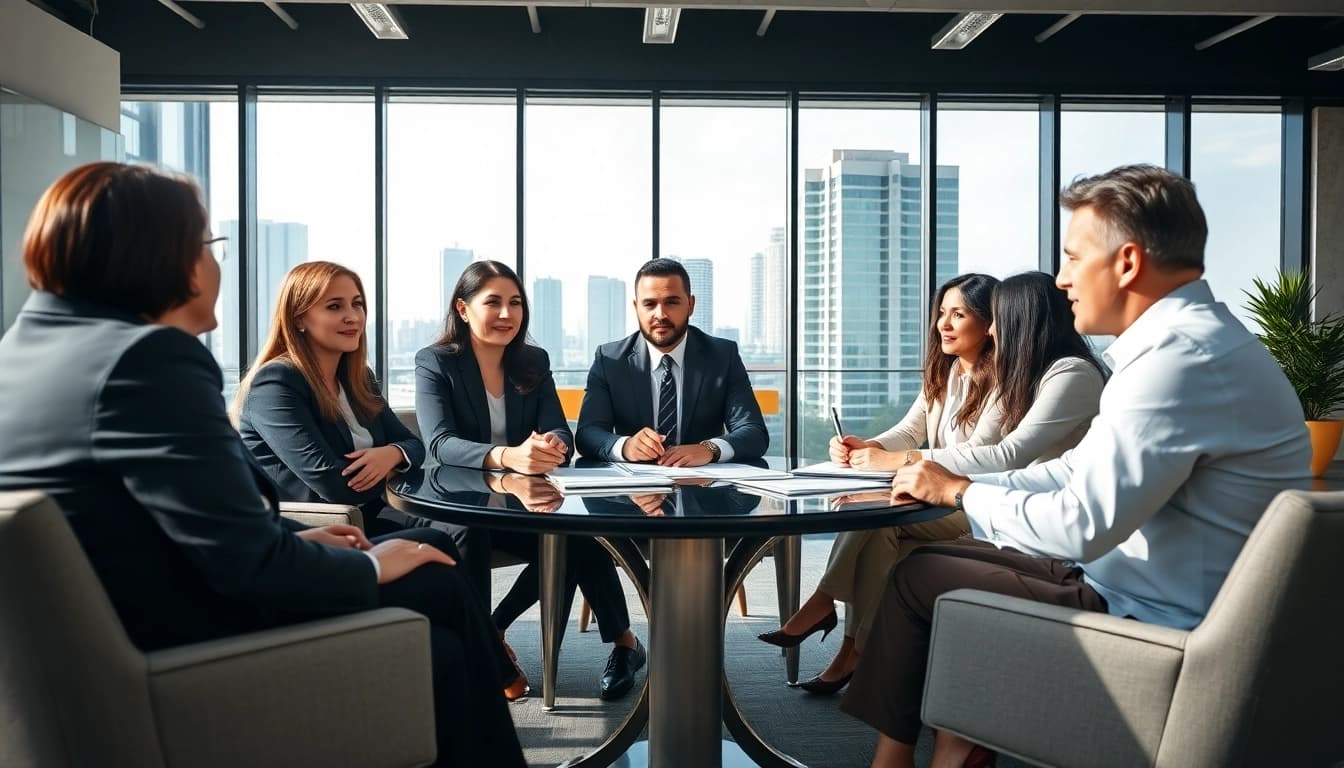Engaging legal consultation at https://www.tnlmiami.com featuring diverse attorneys in a bright Miami office.