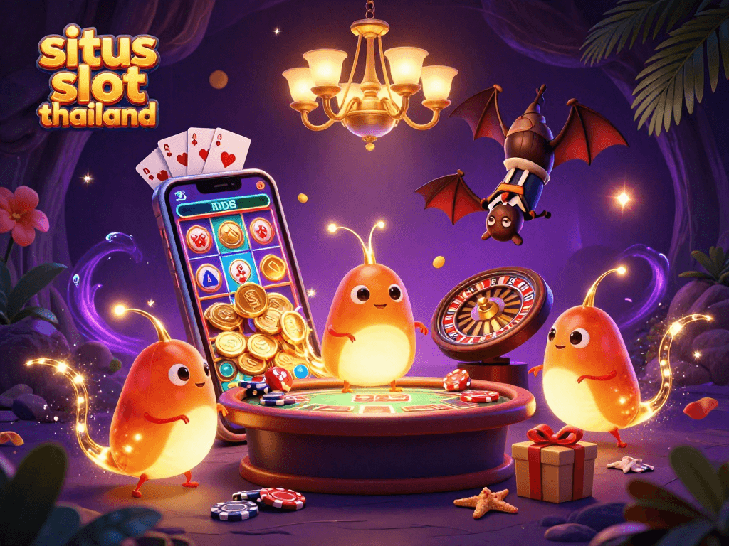 situs slot thailand illuminating vibrant gaming action with glowworms and a bat dealer in a cave casino