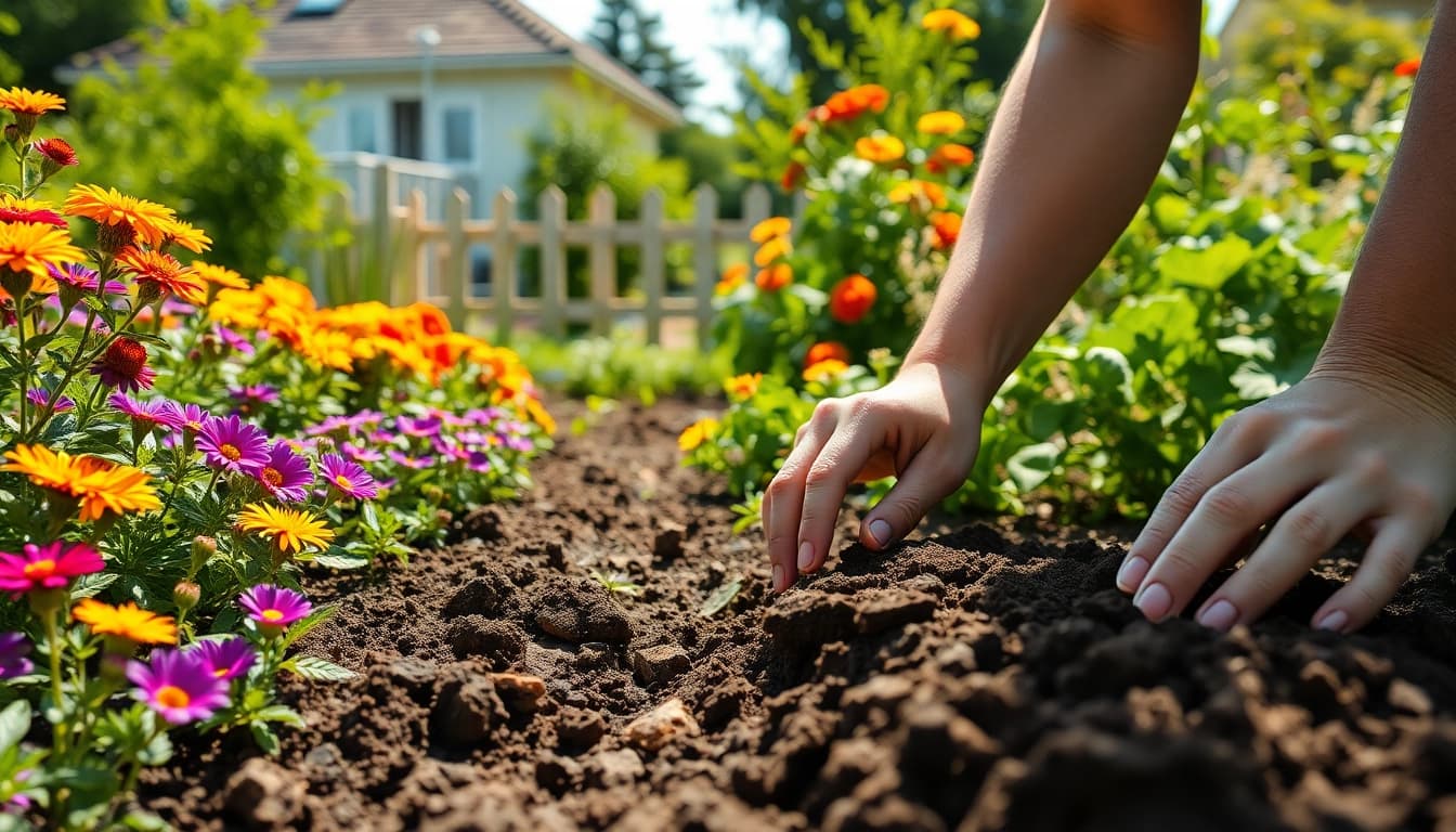 Engaging Gardening scene with vibrant flowers and a gardener nurturing plants.
