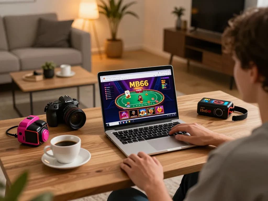 Person playing MB66 online casino games on laptop while enjoying a cozy home atmosphere.