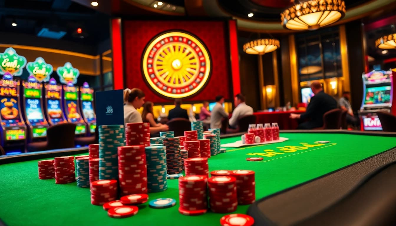 Experience high-stakes j88 gambling excitement at a luxurious casino table with vibrant chips and machines.