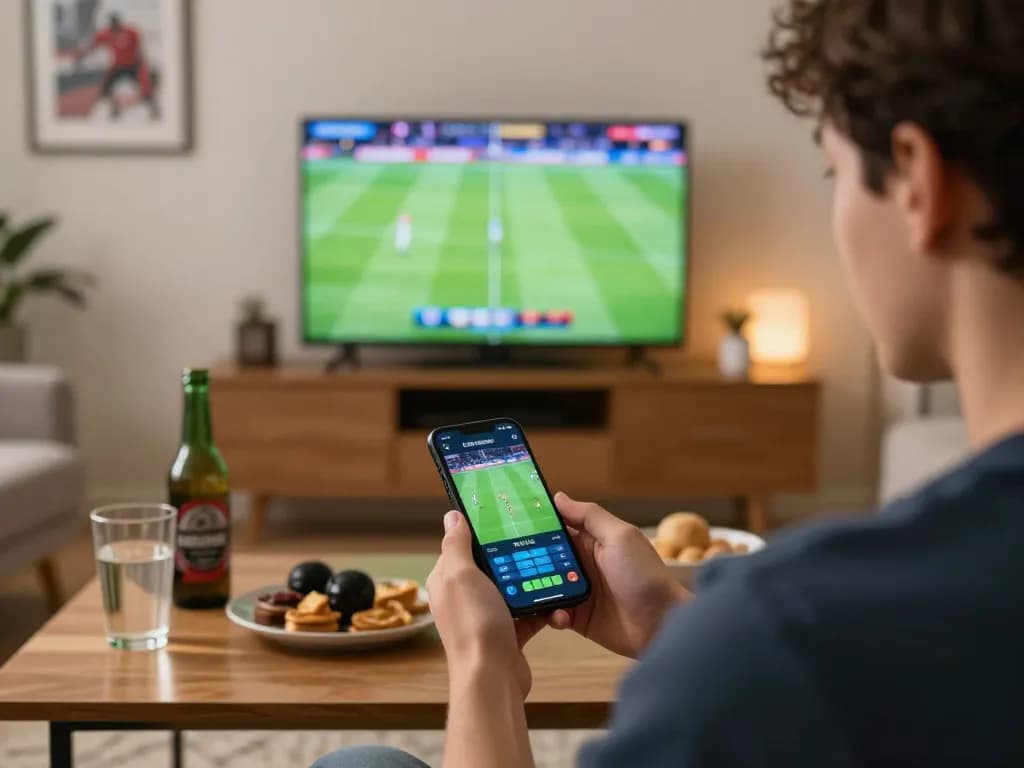 Engaging in online sports betting with the kong88 nesl app during live sports event, showcasing excitement.