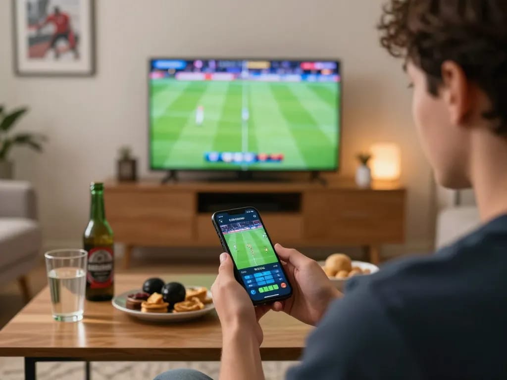 Engaging in online sports betting with the kong88 nesl app during live sports event, showcasing excitement.