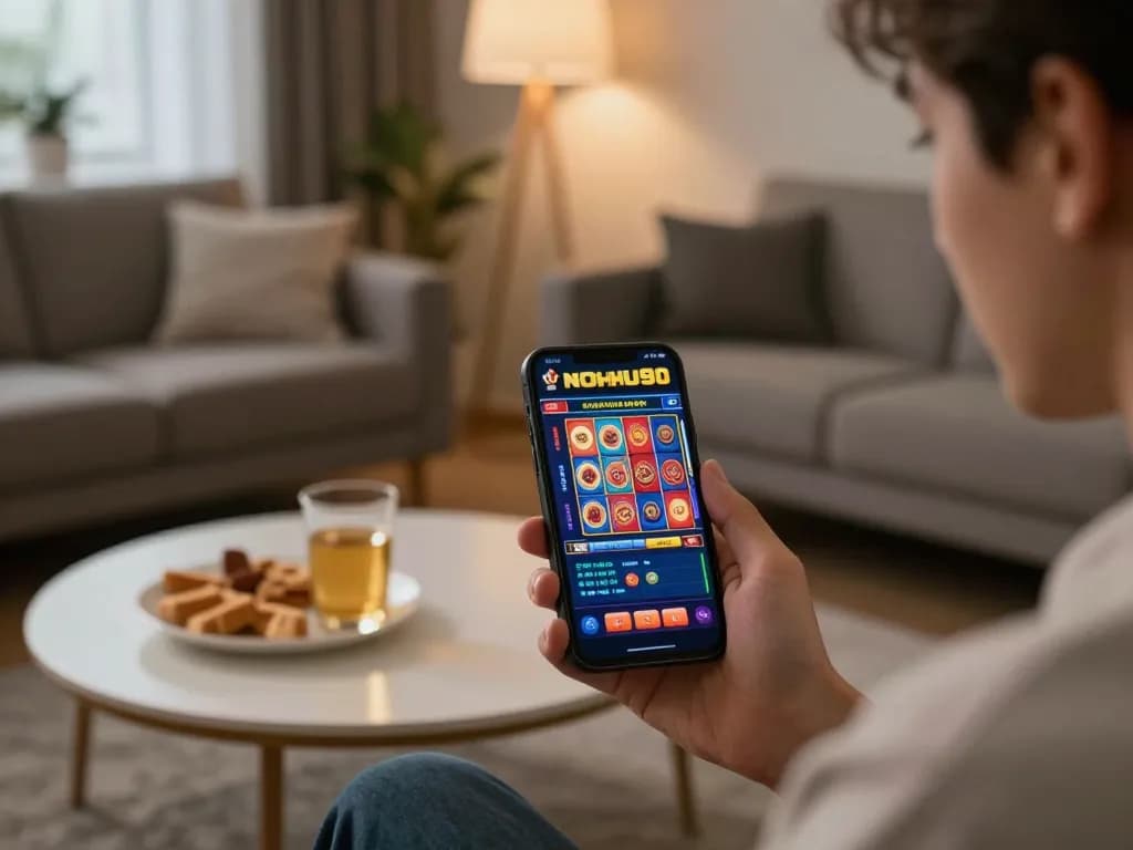 Player engaging with NOHU90 slot games on smartphone in a cozy home environment