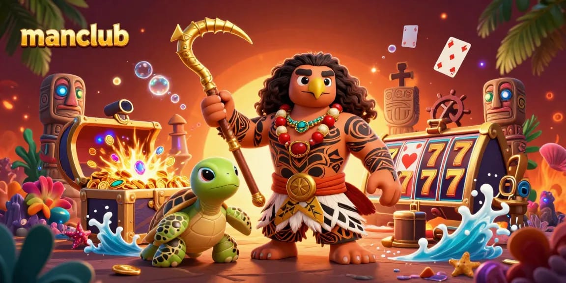 manclub features exciting slot games with a Polynesian demigod hawk and turtle in a vibrant 3D scene