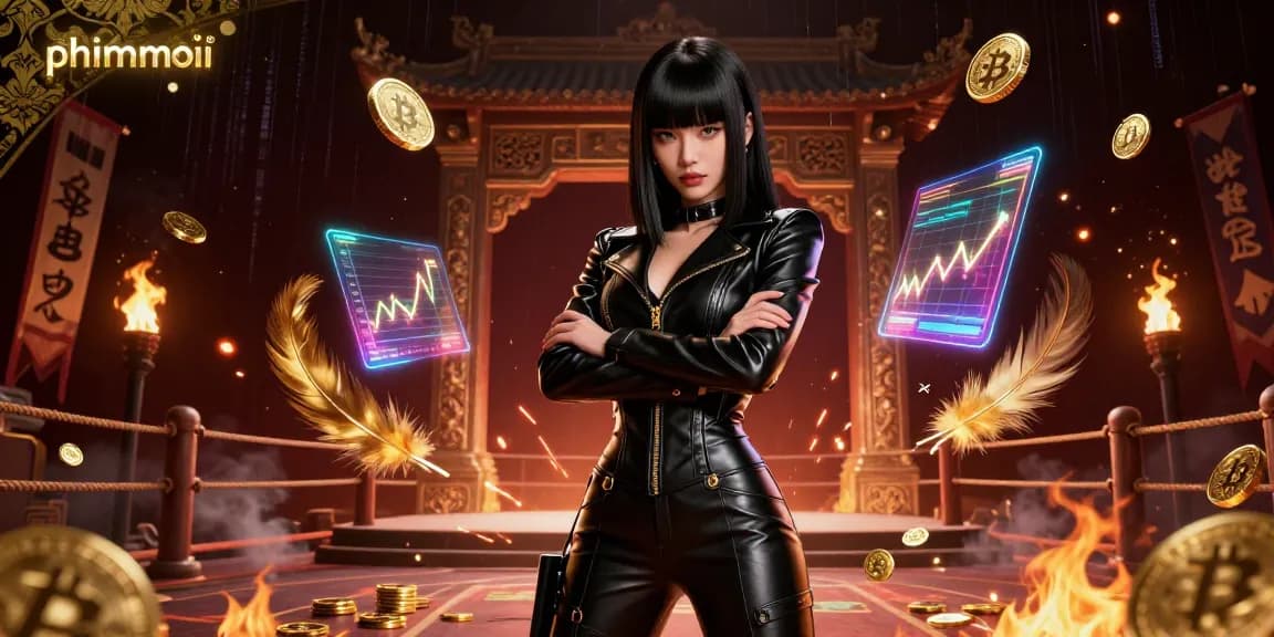 Engage in thrilling phimmoi gameplay surrounded by stunning visuals and golden Bitcoin coins in a futuristic setting.