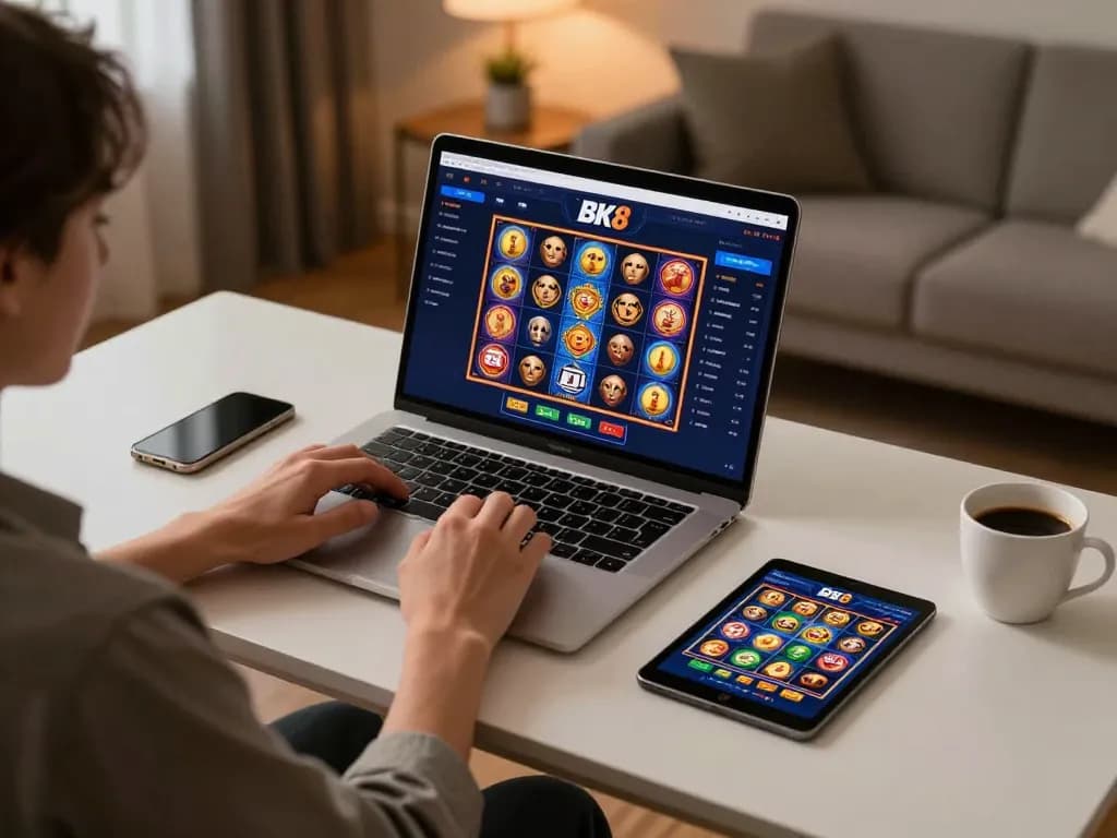 Person engaging with BK8 online casino platform on a laptop while enjoying a cozy home environment.