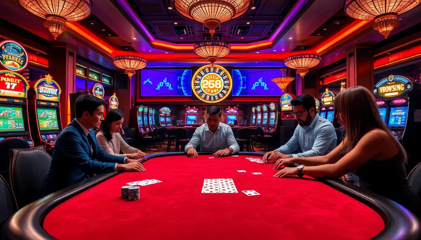 Experience the thrilling ambiance of PG88 Trang Chủ with vibrant casino games and players enjoying poker.