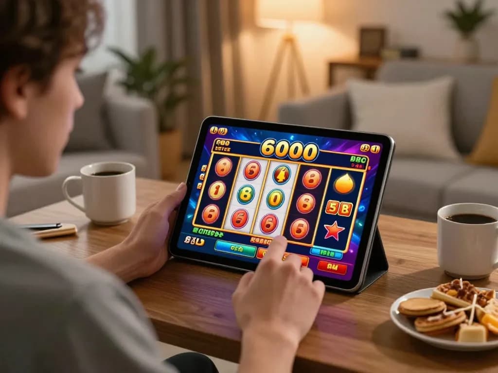 Engaging in thrilling slot6000 gameplay on a tablet in a cozy home environment.