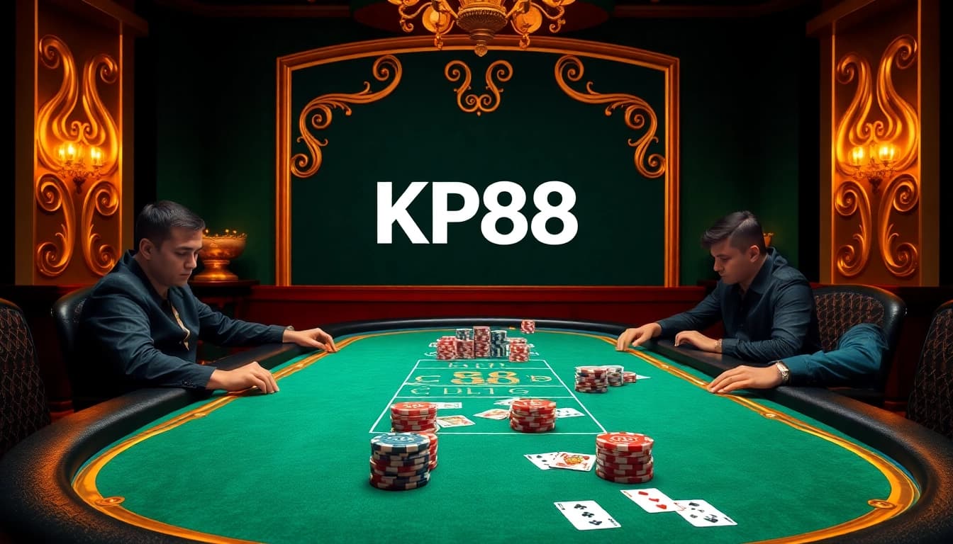 Players engage in a high-stakes poker game at KP88, showcasing excitement and strategy in a luxurious casino setting.