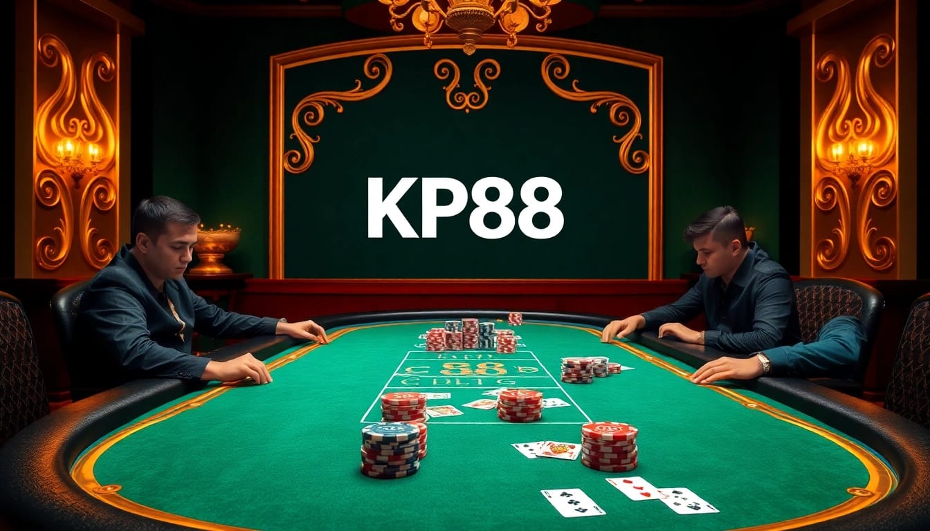 Players engage in a high-stakes poker game at KP88, showcasing excitement and strategy in a luxurious casino setting.