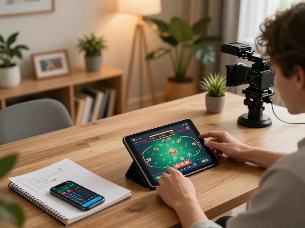 Engaging in online gambling on 789win mobile app at home with strategic notes.