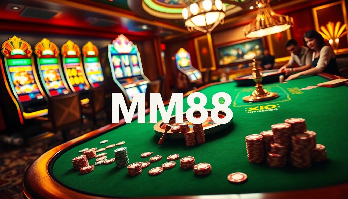 Experience the thrill of MM88 at a luxurious casino with poker and slot machines.