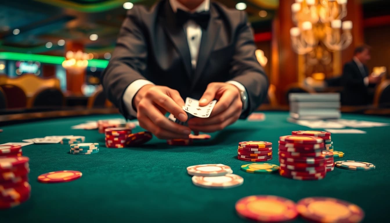 At https://casinobonuses.co.com/, a dealer shuffles cards in an inviting casino environment.