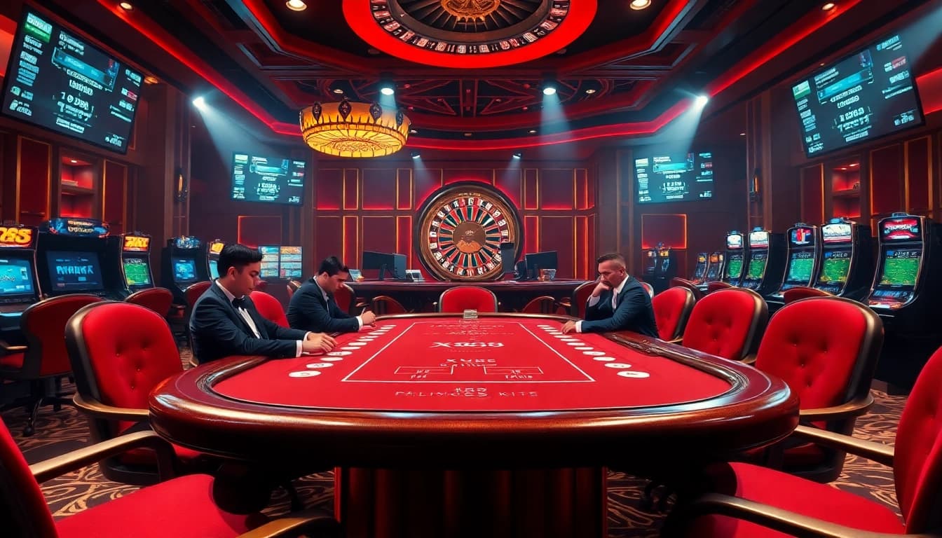 High-stakes poker table at a luxurious casino featuring gameplay strategies for xx88 enthusiasts.