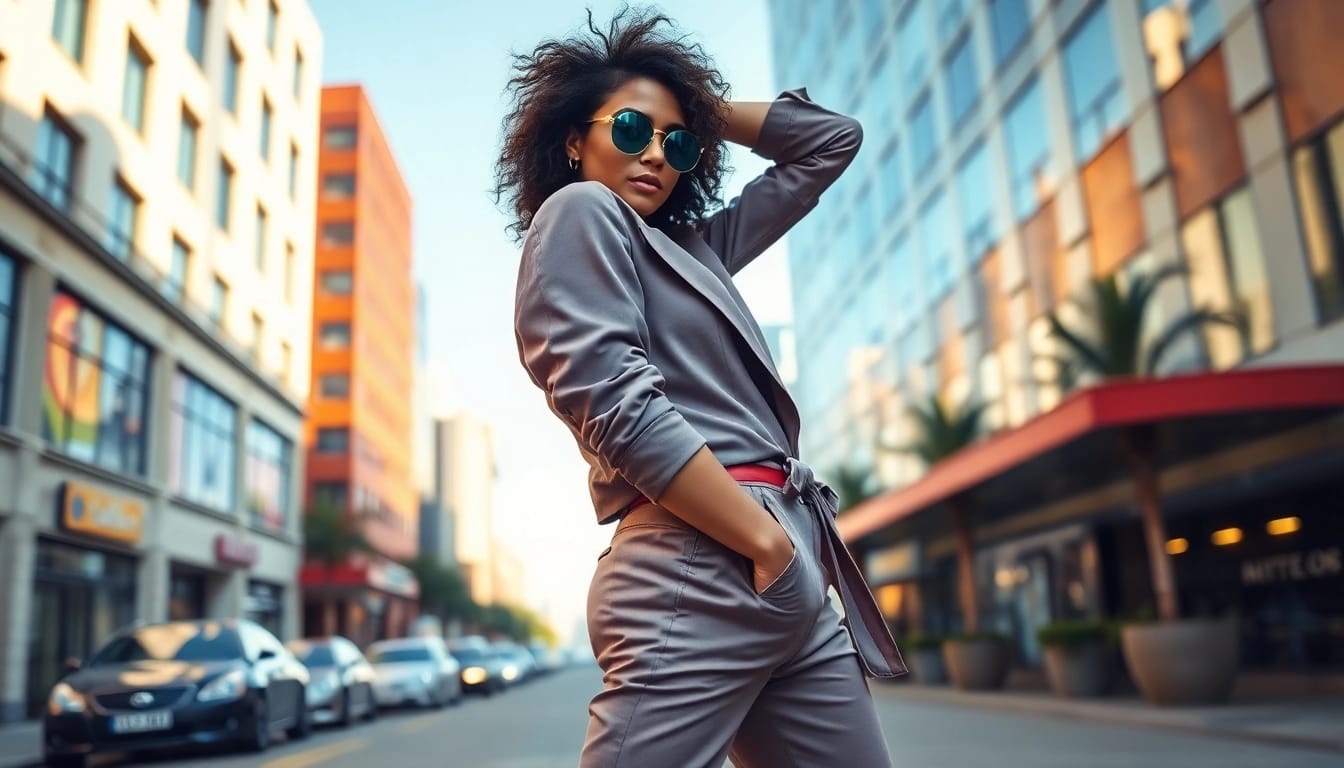 Model showcasing contemporary Fashion trends in an urban setting.