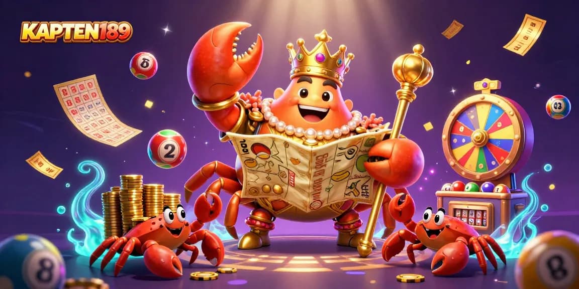 KAPTEN189 menunjukkan karakter krab emas raksasa bermain slot dengan suasana meriah penuh bola lotere berwarna-warni.