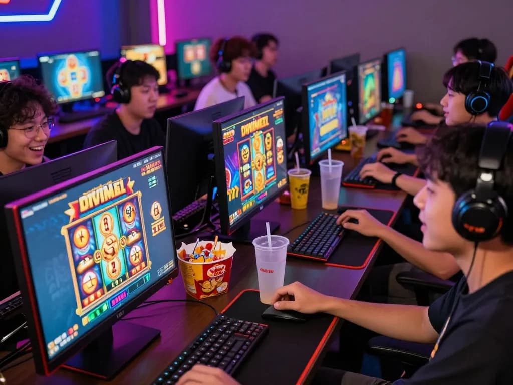 Players enjoying engaging slot gacor games in a vibrant gaming room filled with colorful screens and neon lights.